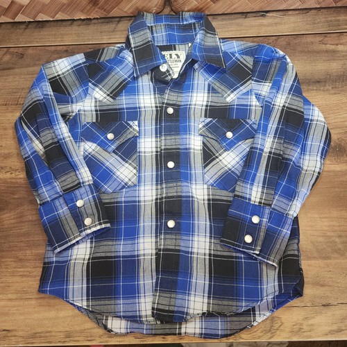 Camicia Ely Cattleman bambino ragazzo taglia 3 blu perla a quadri tasche western - Foto 1 di 10