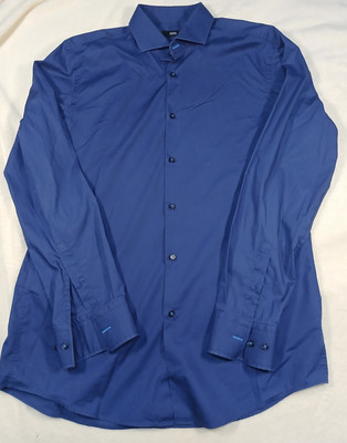 Hugo Boss Herren Hemd 16 1/2 in Große L Blau Langarm Knopfleiste Slim Fit Jaser