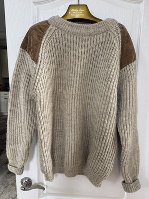 John Partridge Mens Beige Large Heavy Knitted Sweater Jumper w Leather Patches