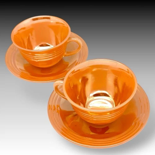Pair of VINTAGE FIRE-KING PEACH LUSTER TEA CUPS & SAUCERS ANCHOR HOCKING USA (2)