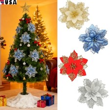10Pcs Christmas Poinsettia Glitter Artificial Flowers Xmas Tree Party Decoration
