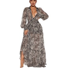 Fashion Nova Black White V-Neck Collared Long Sleeve Belted Maxi Dress Medium