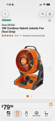 RIDGID 18V Cordless Hybrid Portable Jobsite Fan Tool Only Tilt Head Handle