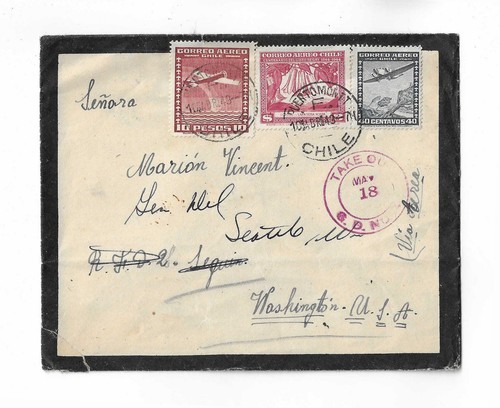 Chile 1949 3 issue on mourning cover to the USA with redirection in the US