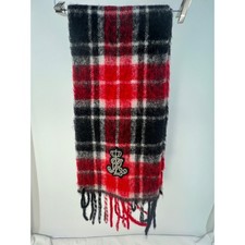 Lauren Ralph Lauren Plaid Scarf Red Black White Monogram Logo Fringe Made Italy