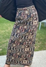 Vintage 70s S Long Woven Straight Skirt Back Slit Aztec Pattern Handmade