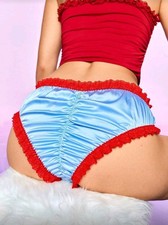 Blue Silky Satin Red Ruffle Lace Ruched Bum Panties CD