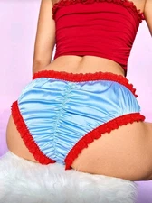 Blue Silky Satin Red Ruffle Lace Ruched Bum Panties CD Sissy Knickers XL 16-18