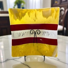 KMW Glass Art Signed Fused Glass Platter with Wrought Iron Stand - 2012 11 3/4  