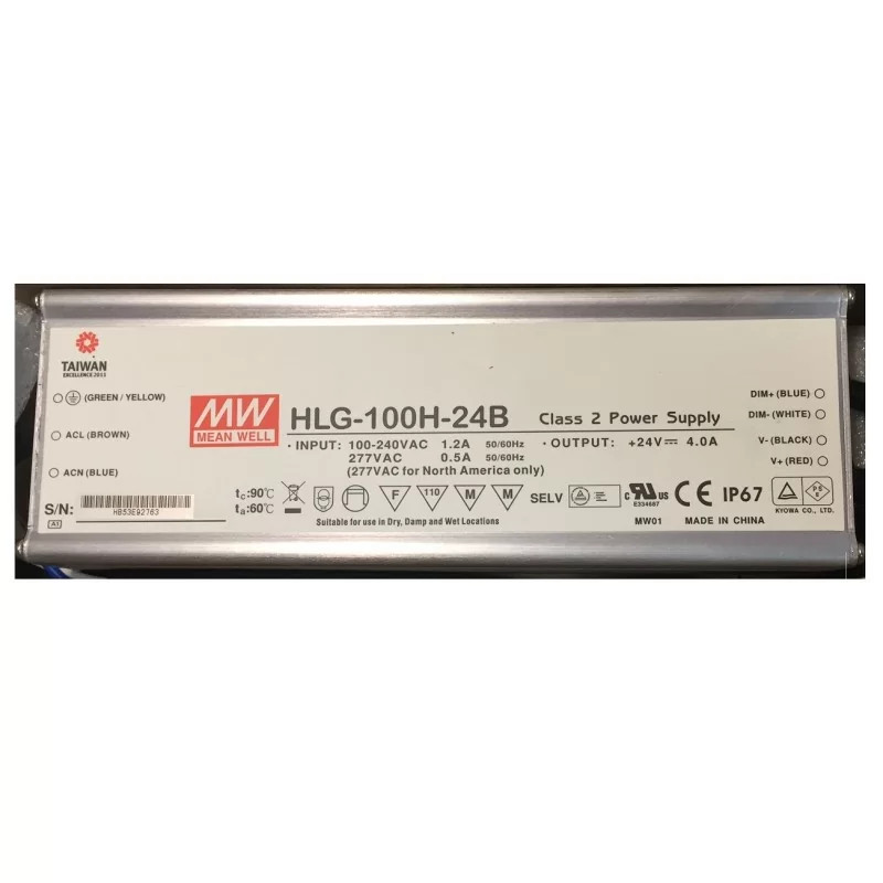 Alimentation LED 24V Mean Well HLG-100H-24B étanche IP67 de 96W pour éclairage extérieur
