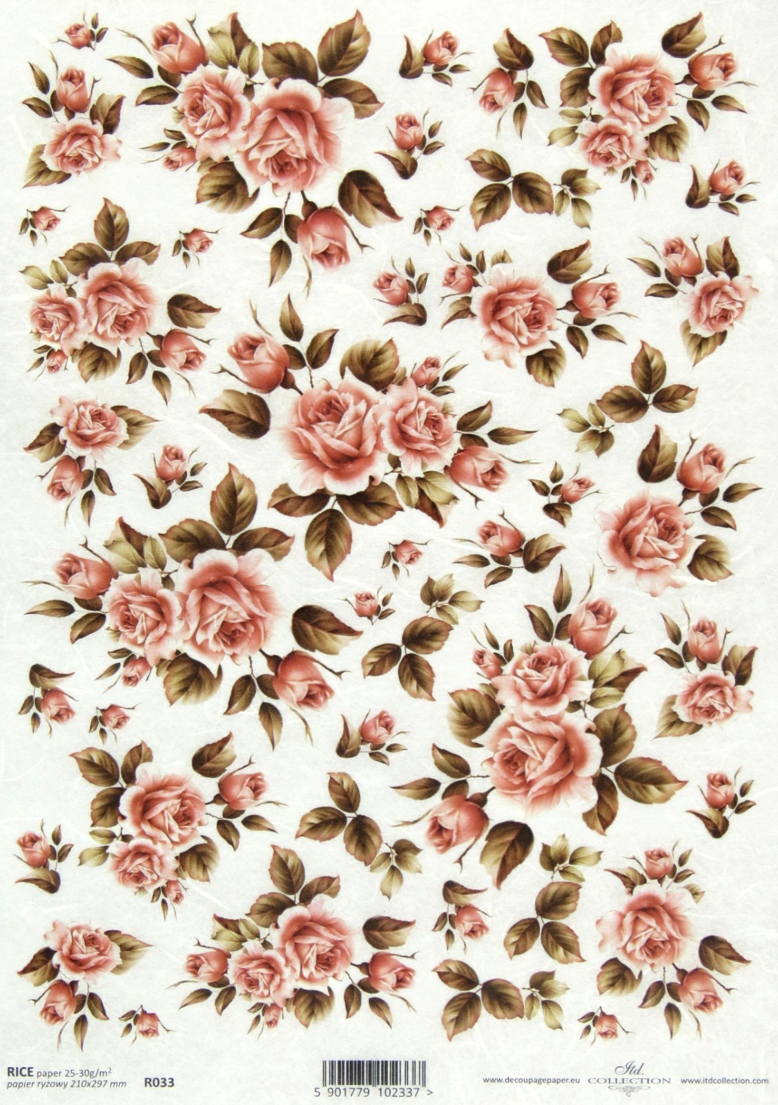 Rice Paper A4 Decoupage - Vintage Pink Roses Floral Pattern - ITD R033