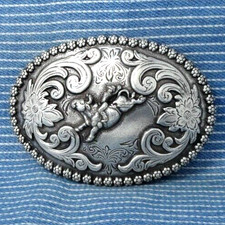Western Bull Rider Dress Belt Buckle Rodeo Cowboy Scroll Vtg 80s Nocona .GTA124