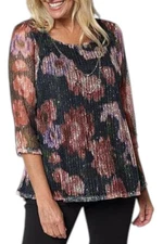 Nina Leonard Women's Mesh Top, Detachable Necklace Black Multi