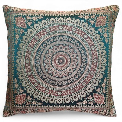 Dark-Green Mandala Brocade Silk Cushion Cover 16x16 Handmade Boho Pillow Cover