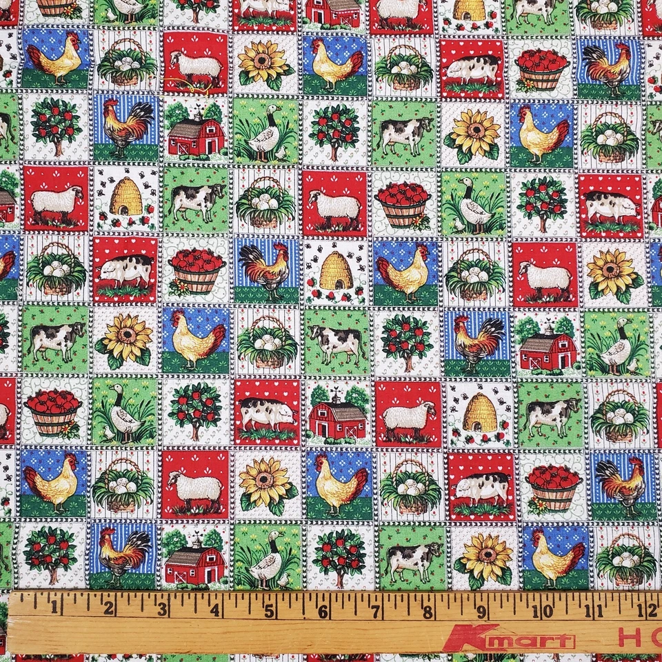 Joan Kessler Concord Fabric Farm Cow Chicken Green Red Blue 1 Yard - Image 2 of 4