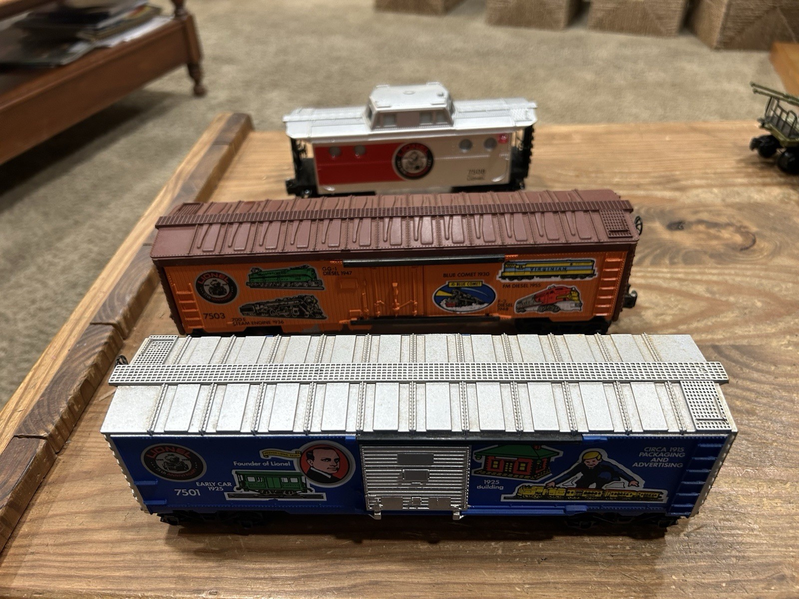 Lionel 75th Anniversary 3-Piece Set 7501 Prewar Boxcar 7503 Postwar Boxcar and Caboose