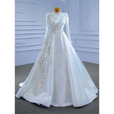 Gorgeous Satin Muslim Wedding Dresses High Neck Beaded Applique Long Sleeve Gown