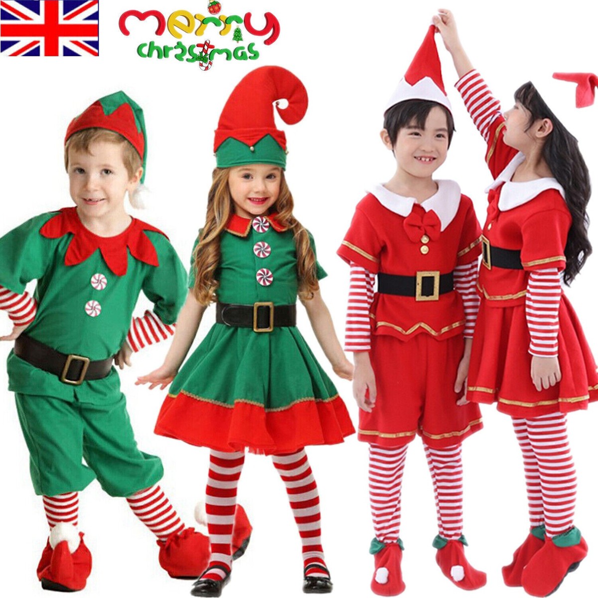 Child Holiday Elf Costume Dress & Hat - Girls' Christmas Elf Outfit With Jingle Bells