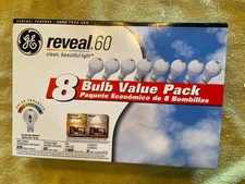 GE Reveal "Clean, Beautiful Light" 60 Watt Incadescent 8 Bulb Pack New A19