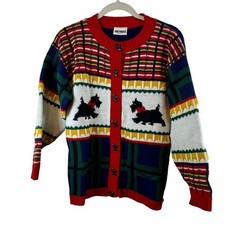 Vintage 80s Knitwaves Scottie Dog Cardigan USA Novelty Christmas S
