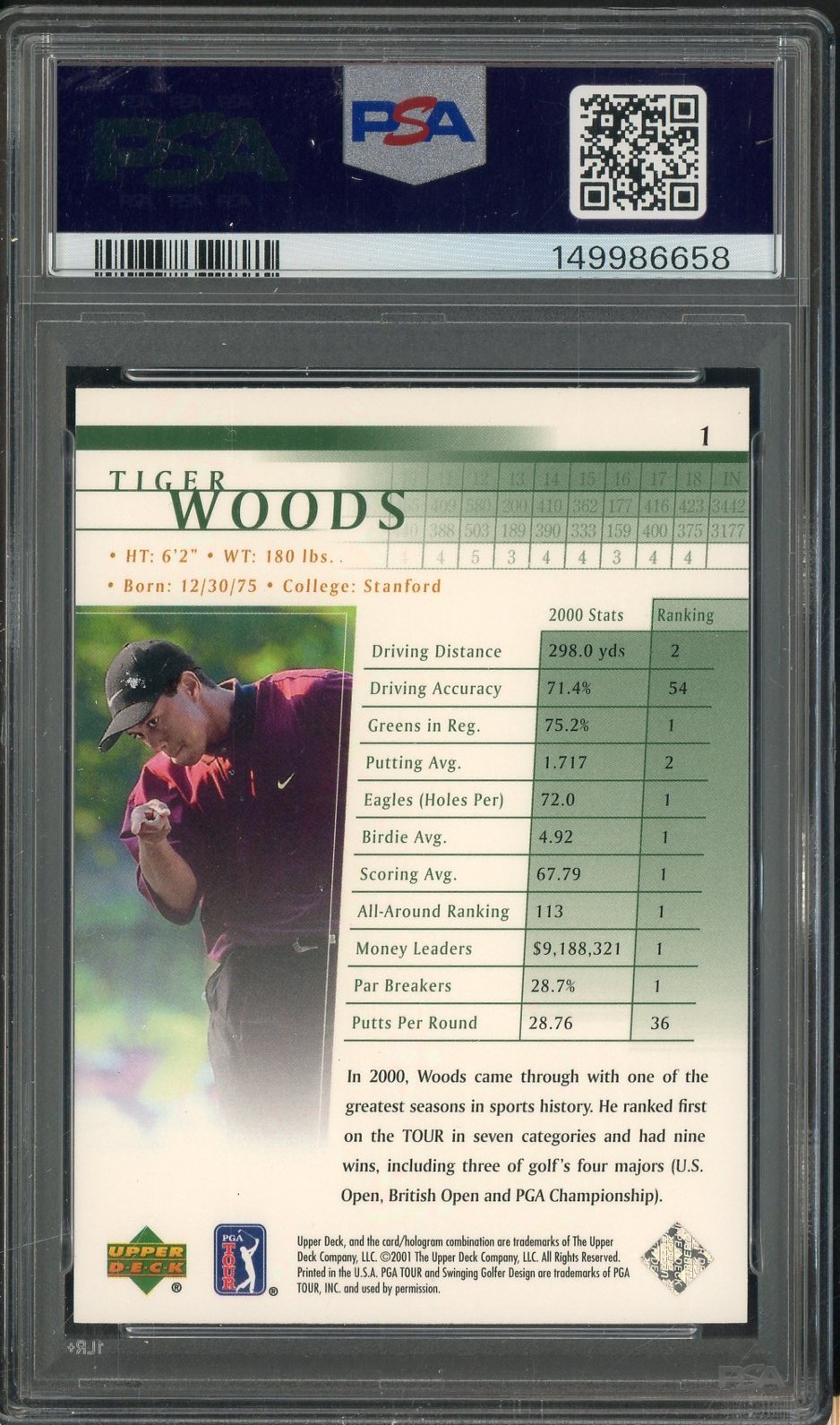 #2 2001 Upper Deck Golf #1 Tiger Woods RC Rookie PSA 9 MINT view 2