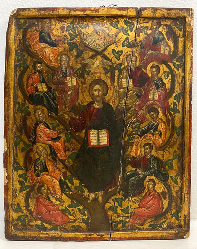 ICONA RUSSA RELIGIOSA GESU' DODICI APOSTOLI La vera vite LEGNO ARTE SACRA XVIII