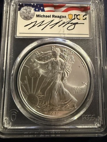2021-S Silver Eagle - T1 Emergency Issue FDI Michael Reagan PCGS MS69 First Day