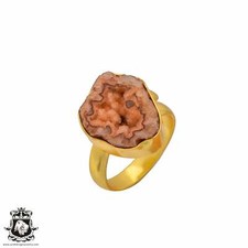 Size 7.5 - Size 9 Adjustable Rhodochrosite Geode 24K Gold Plated Ring GPR261