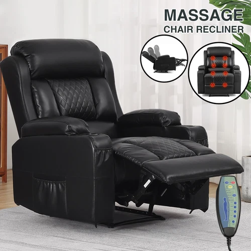 Black PU Leather Massage Recliner Chair Single Sofa Heated w/Remote,2 Cup Holder