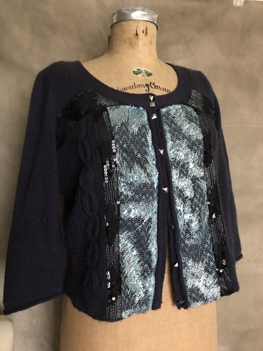 Free People Women FUZZY Wool Cardigan Sweater NAVY Sequin CROP 3/4 Sleeve Boho M - Picture 5 of 8