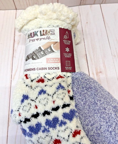 MUK LUKS Womens Cabin Socks 2 Pair Pack L/XL 8-10 Non Skid Bottom Blue - Picture 3 of 5