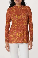 LOGO Layers by Lori Goldstein Printed Sheer Mesh Mock Neck Top Russet