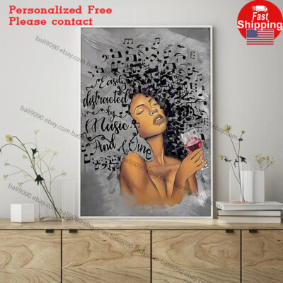 Easily Distracted by music and wine Poster - Afro Girl Music And Wine, Black ...