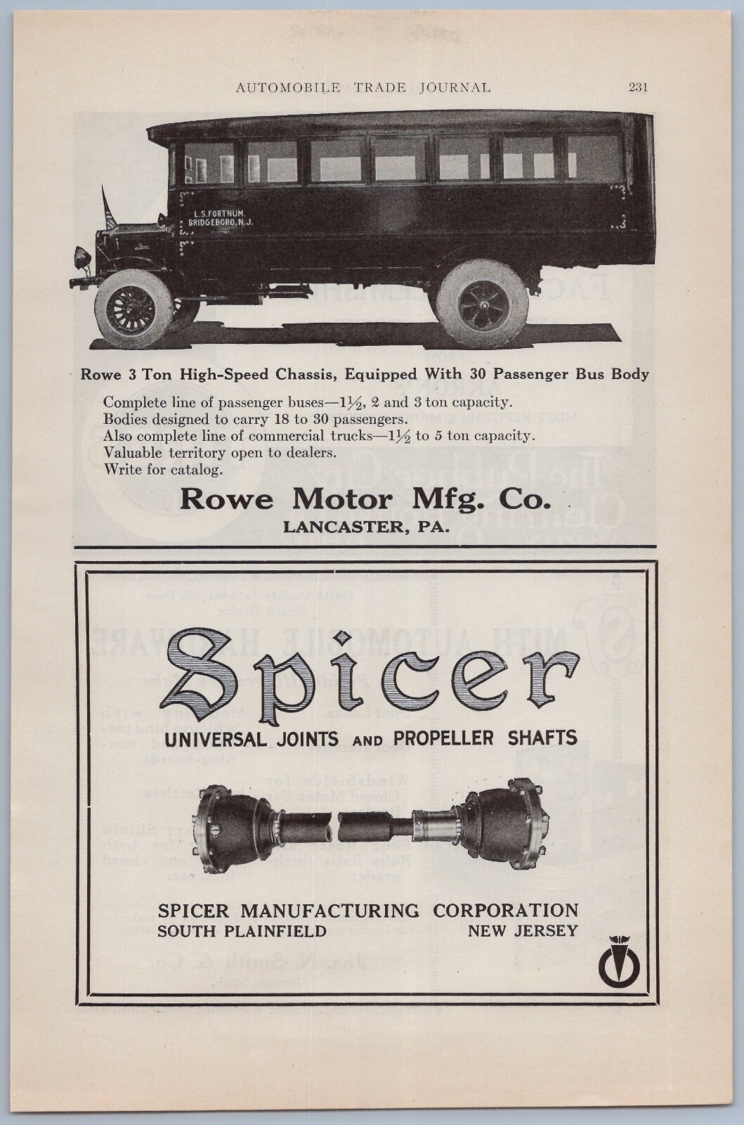 FILA 1910 Rowe Motor Co Ad L S Fortnum 30 autobus passeggeri Bridgeboro camion maglia nuova