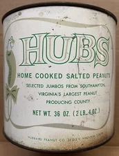 1960s 1970s SEDLEY, VA, HUBS SALTED PEANUTS TIN CAN HUBBARD PEANUT COMPANY 36 oz