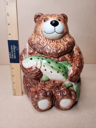 Cookie Jar Canister Vintage WCL Bear with Trout Brown Green & Salt Pepper Set - Picture 7 of 24