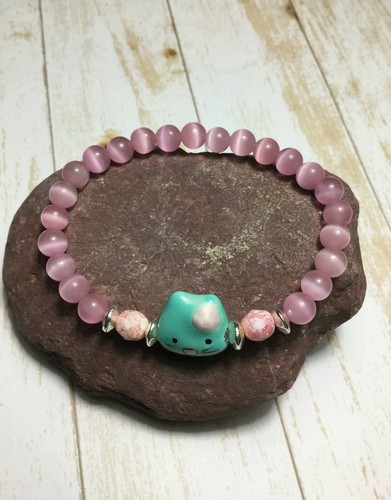 Bracciale elastico fatto a mano ceramica faccia di gatto rosa occhio di gatto pietra USA - Foto 2 di 2
