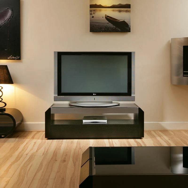 TV Stand Cabinet Unit Black Oak Black Glass Top Alum 1.3mtr 701