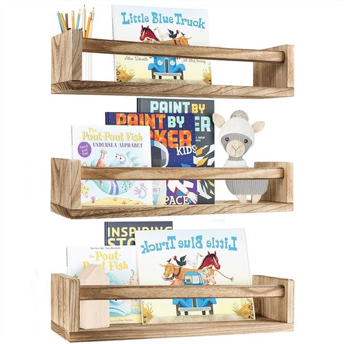 3x Floating Wall Kids Nursery Bookshelf Wood Wall Mounted Books Shelves Display - Picture 2 of 15