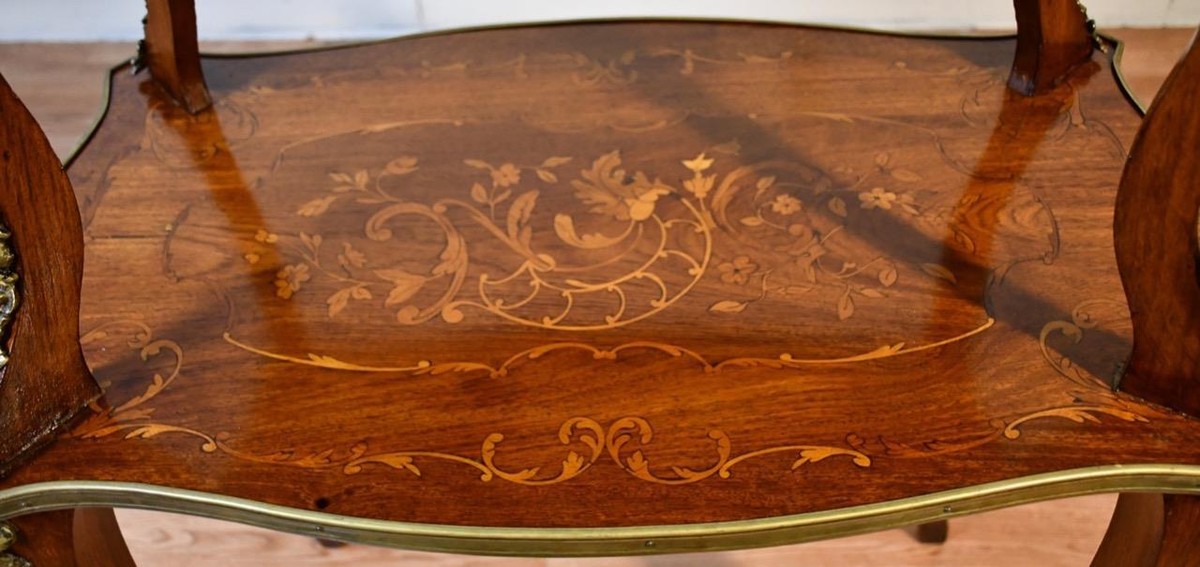 1910 Antique French Louis XV Walnut Satinwood inlaid two Tier side