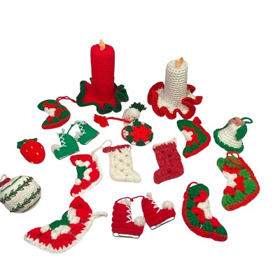 16 Vintage Crochet Christmas Ornaments Handmade Candles Stockings Skates Granny
