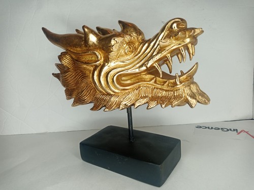 Chinoiserie, 12" golden vergoldeter Drachenkopf Harzfigur mit Holzsockelhalterung  - Bild 3 von 10