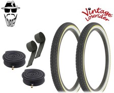 VINTAGE LOWRIDER BICYCLE TIRE 24 x 2.125 BLACK/WHITE YELLOW LINE DIAMOND 6pc SET