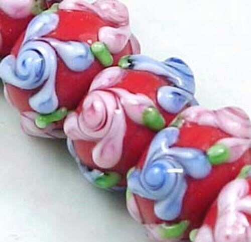 8 cuentas rondelle de vidrio murano hechas a mano "Flor de rosa primrosa" rosa azul sobre rojo - Imagen 3 de 3