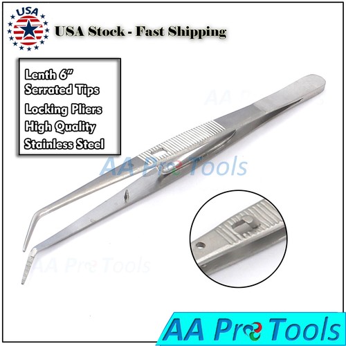 3 Pcs Dental Locking Tweezers Serrated Tips Angled Forceps Dental College Pliers - Picture 2 of 3