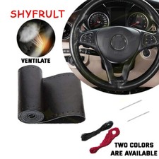 Car Diy-black Genuine Leather Steering Wheel Cover-wrap Sew-on Kit 37-38cm