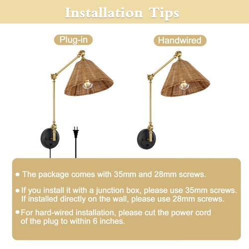 Wall Sconce Rattan Wrapped Wall Lamp, Adjustable Swing Arm Wall Light Foldabl... - Picture 3 of 8