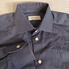 Eton 41 16 Contemporary Fit Men's Blue White Dots Long Sleeve Dress Shirt