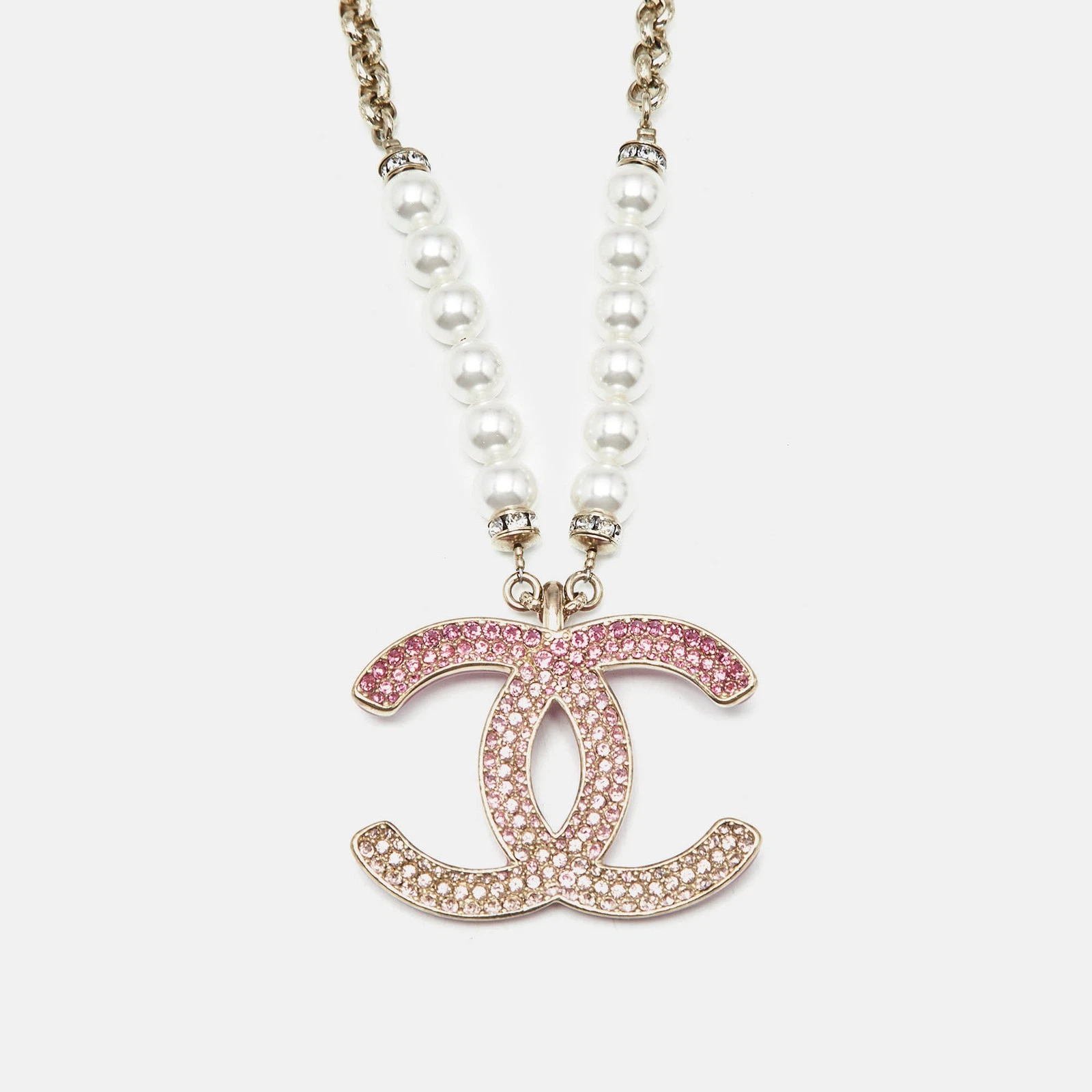 Collana Chanel CC Cristallo Logo Finta Perla Tono Oro