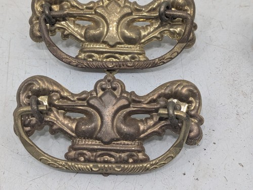 Set Of 3 Ornate Brass Tone Antique Dresser Drawer Handles Pulls Vintage Hardware - Picture 3 of 13
